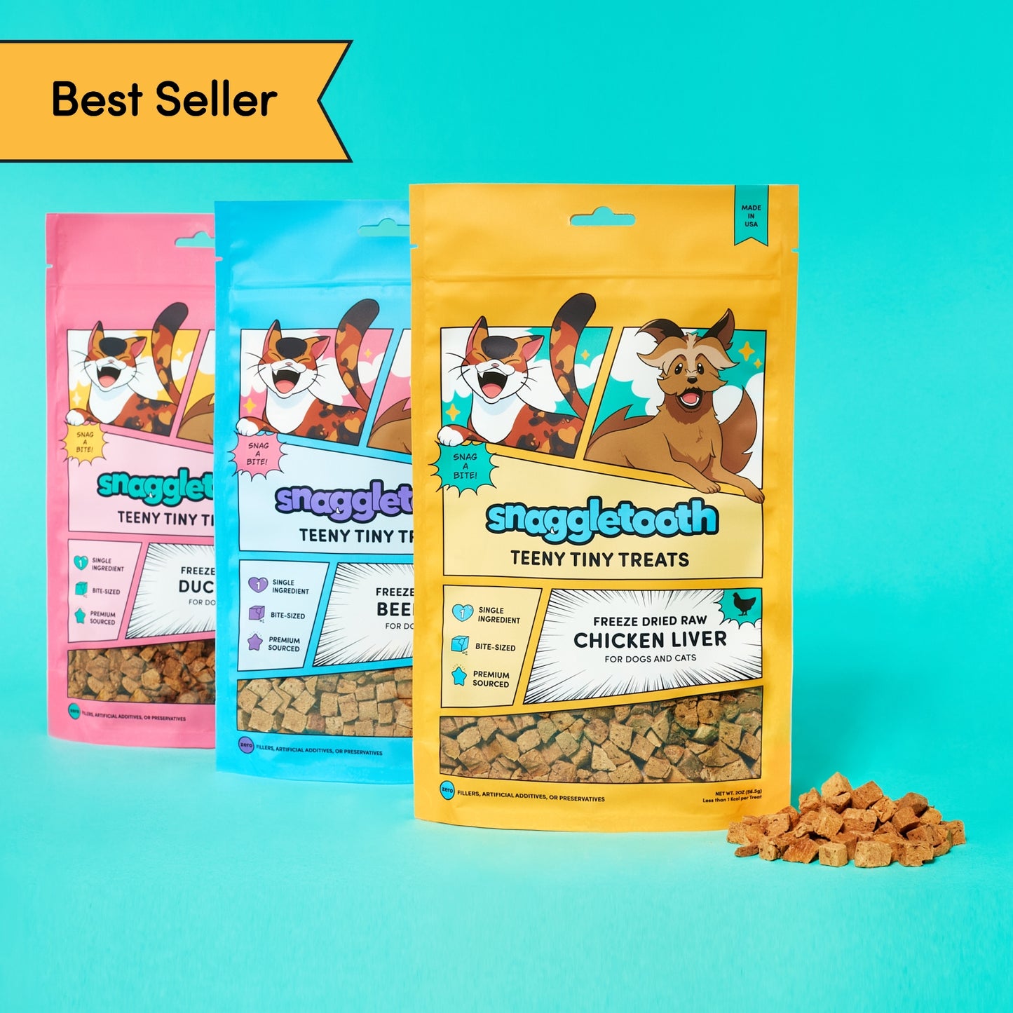 Bundle of Snaggletooth Teeny Tiny Treats: Chicken Liver, Beef Liver, and Duck Liver with Best Seller Badge
