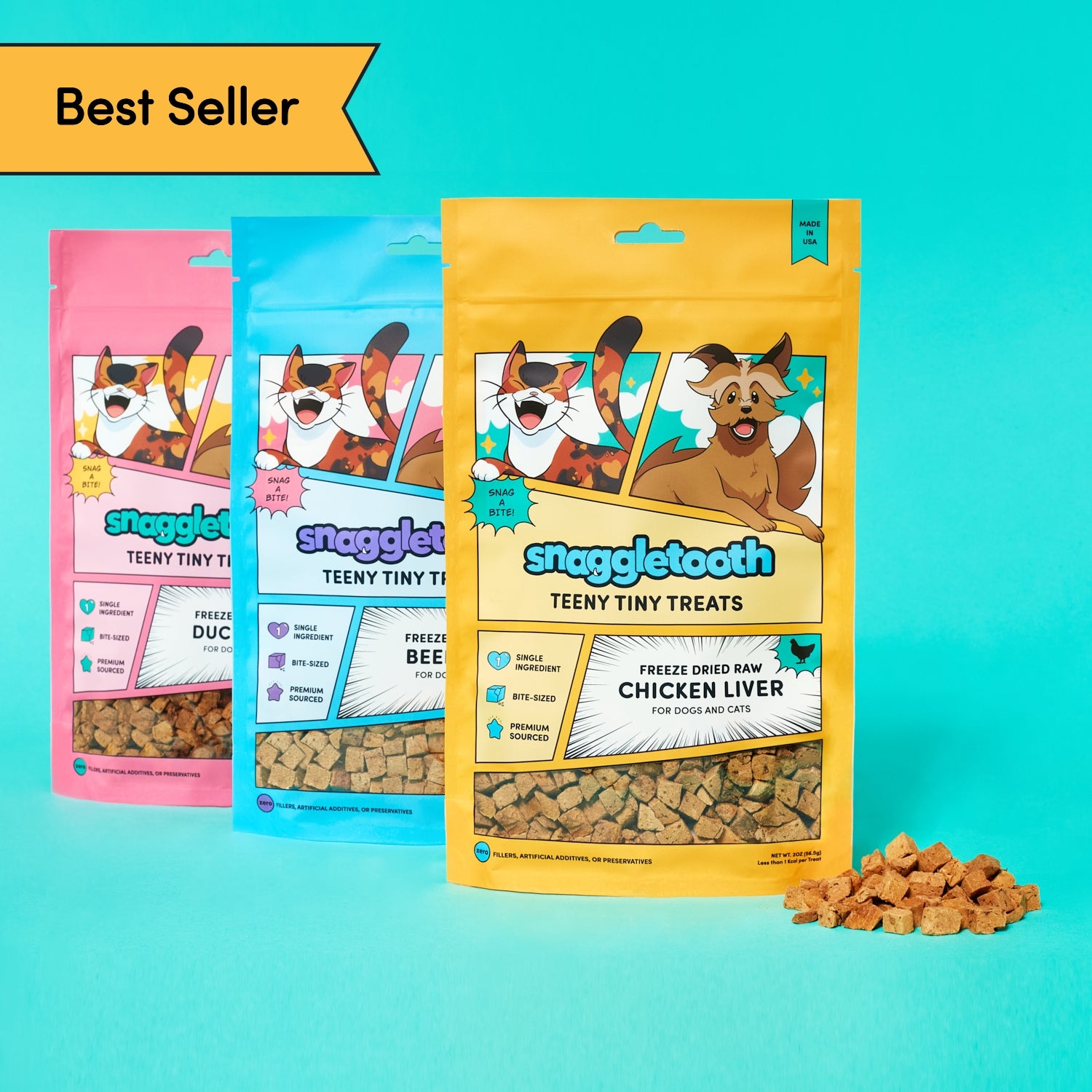 Bundle of Snaggletooth Teeny Tiny Treats: Chicken Liver, Beef Liver, and Duck Liver with Best Seller Badge